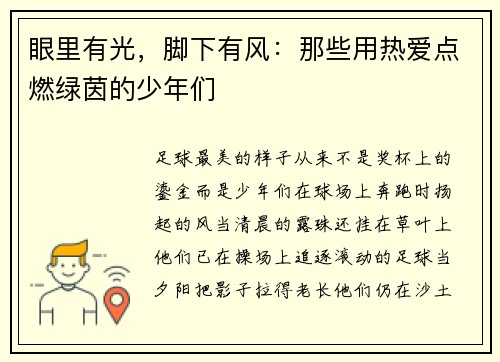 眼里有光，脚下有风：那些用热爱点燃绿茵的少年们