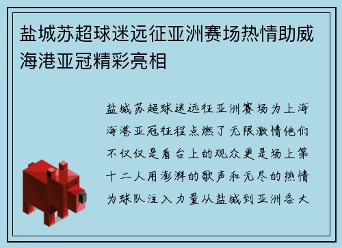 盐城苏超球迷远征亚洲赛场热情助威海港亚冠精彩亮相